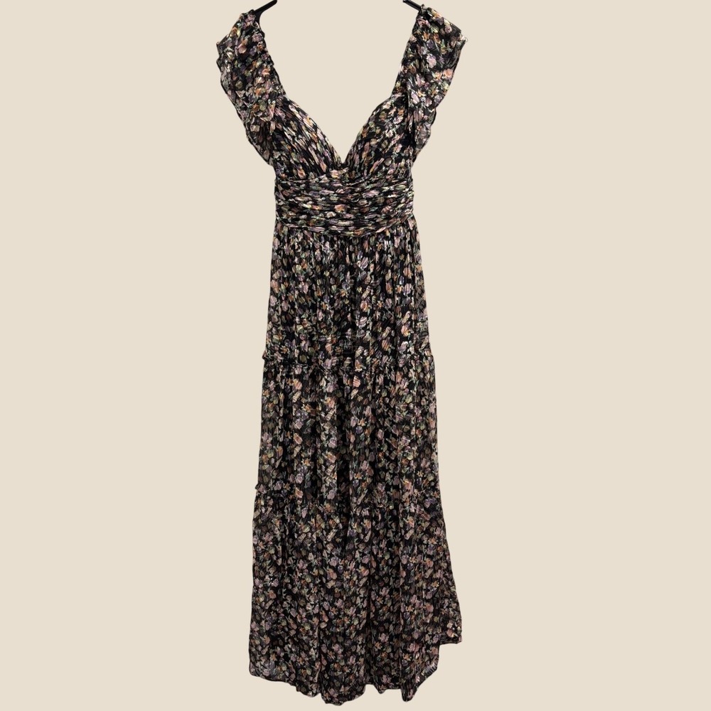 Jenny Yoo Naia Floral Burnout Silk Blend Off Shoulder Maxi Dress Black Multi 12 - Picture 2 of 12